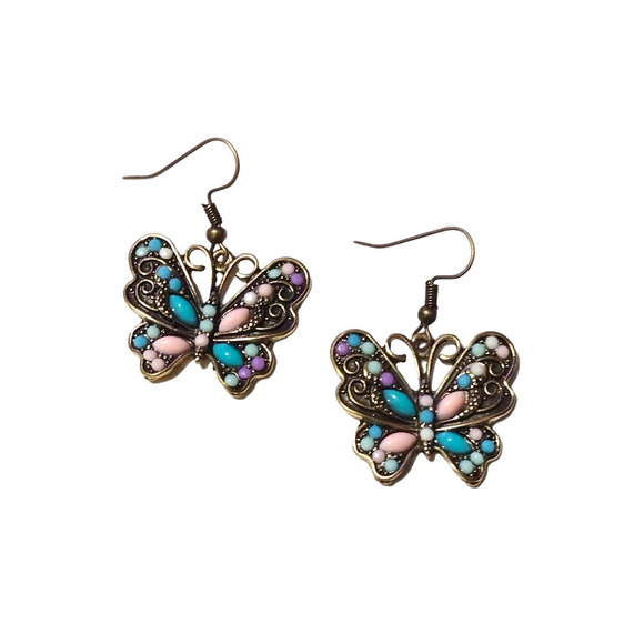 Butterfly Earrings Dangle Crystal Cut Earrings Butterflies Antique Gold - Picture 5 of 7